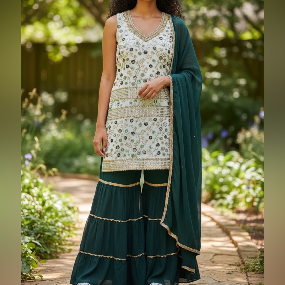 Embellished Green and White Traditional Outfit